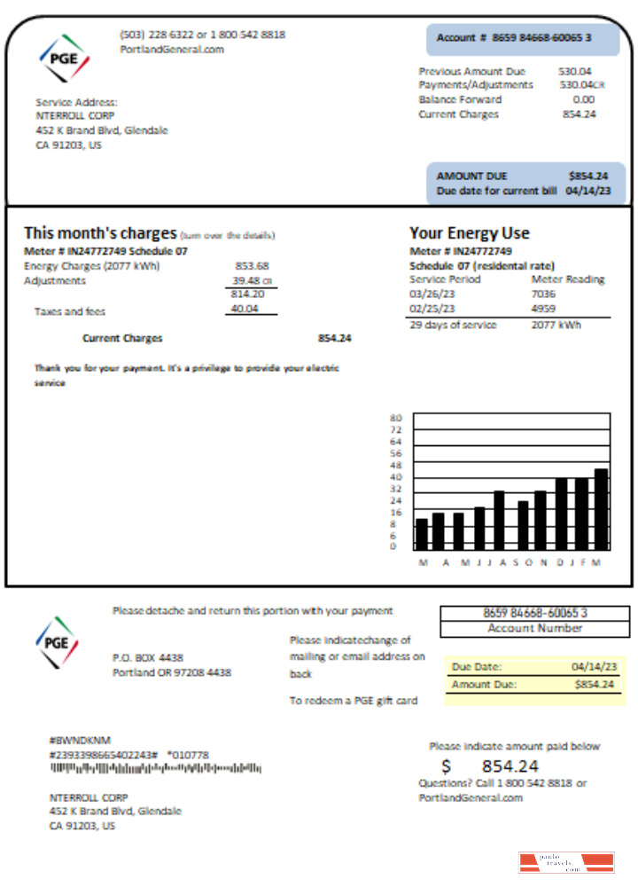 Oregon PGE electricity utility business bill, SCR PSD template